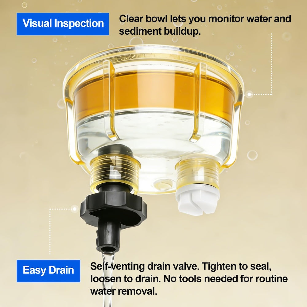 R12T Fuel Water Separator — Clear Nylon Collection Bowl with Drain Valve
